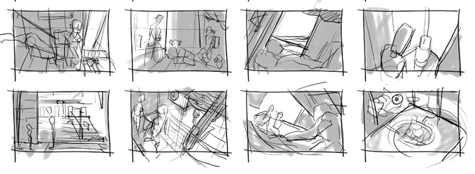 ずっと絵を描けていないのでサボりの日をつかって描こうと
構図の案出しを
線が汚い 