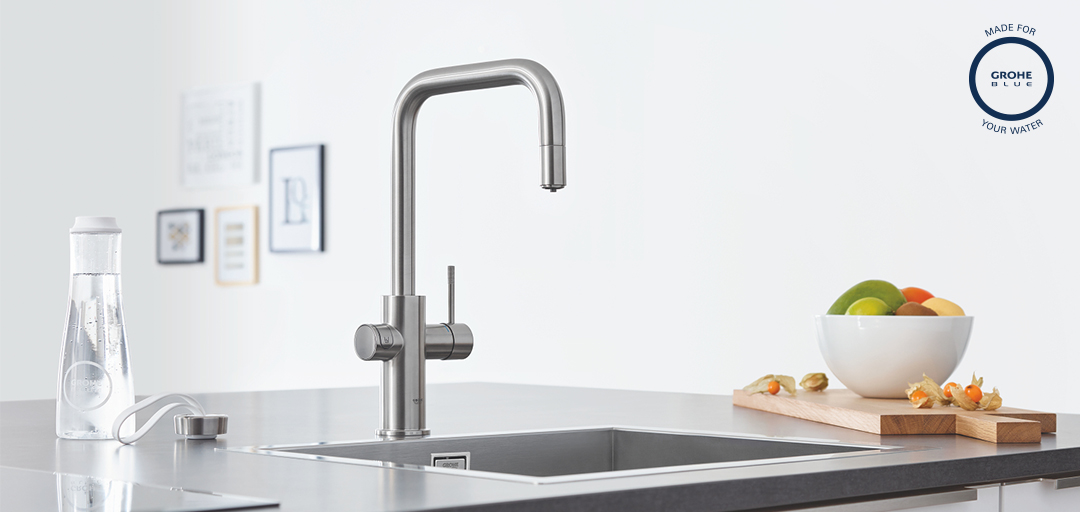 grohe's tweet photo. Makes plastic bottles unnecessary: With #GROHE Blue, chilled, filtered and sparkling water comes straight from the kitchen tap. That way, it easily allows everyone to enjoy local water without the waste of resources.Taste the refreshing, #sustainable future of water. #Vision2045 https://t.co/2B2NWB1qkM