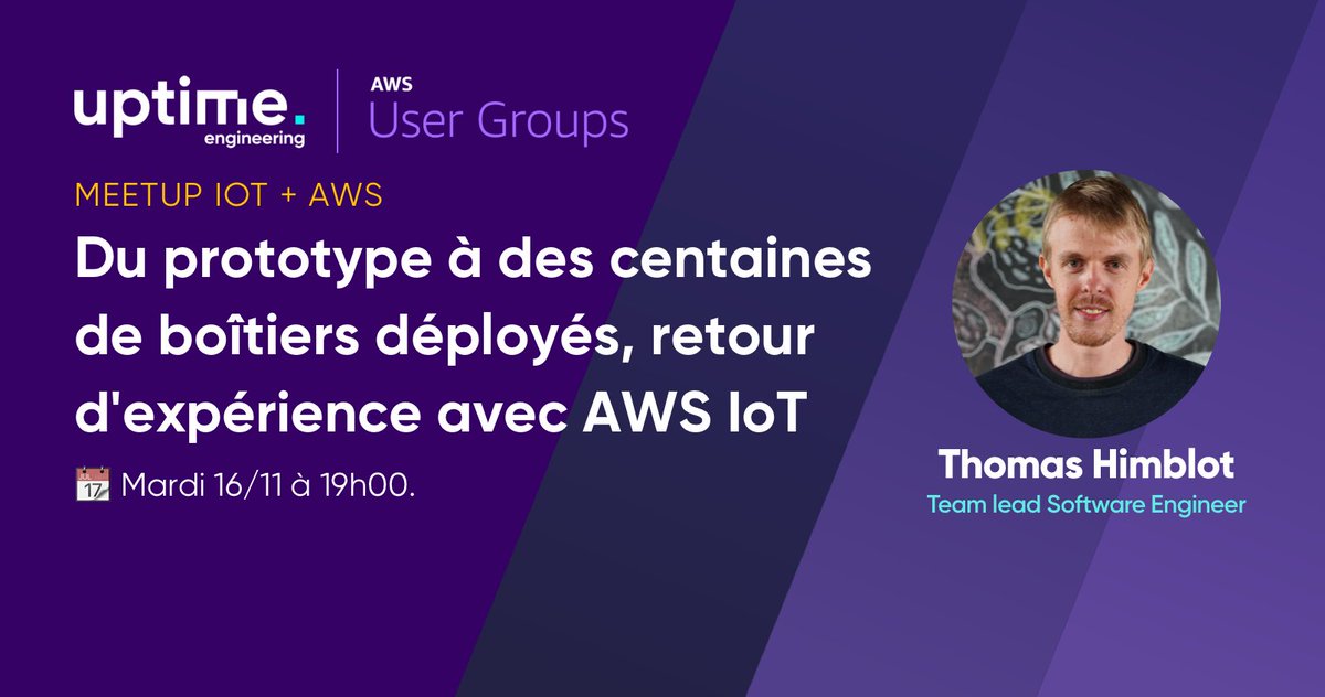 #SaveTheDate 📆
<a href="/uptime_ac/">uptime.ac</a> participera au prochaine #Meetup <a href="/awsugfr/">Paris - AWS User Group</a> consacré à la gestion d'une infrastructure #IoT sur <a href="/awscloud/">Amazon Web Services</a>. Notre équipe répondra en live aux questions de <a href="/jubichon/">Julien Bichon</a> et <a href="/sebsto/">Sébastien ☁ Stormacq 🇺🇦</a>. 🎙
<a href="/AWSUserGroups/">AWS User Groups</a>
Inscrivez-vous sur @meetup : bit.ly/3CMB2v5