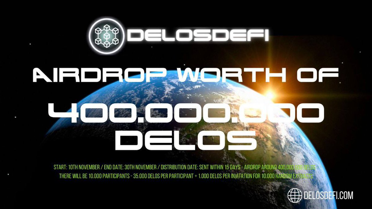 🚀 Airdrop: Delos Defi
💰 Value: 35000 $DELOS
👥 Referral: 1000 $DELOS
📊 Exchange: CMC, CoinGecko
🗞 News: CoinTelegraph
📅 End Date: 30th November 2021
🏦 Distribution Date: After 15 days

Talk with the Telegram Bot
t.me/DelosDefiAirdr…

#Airdrop #Crypto #Airdrops #Giveaways