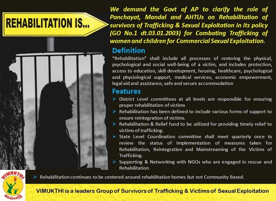 we demand the Govt of AP to clarify the role of Panchayats,Mandals and AHTUs on rehabilitation of survivors of Trafficking &amp; sexual exploitation in its policy (GO No.1 dt 03.01.2003) for combating Trafficking of women and children for commercial Sexual Exploitation