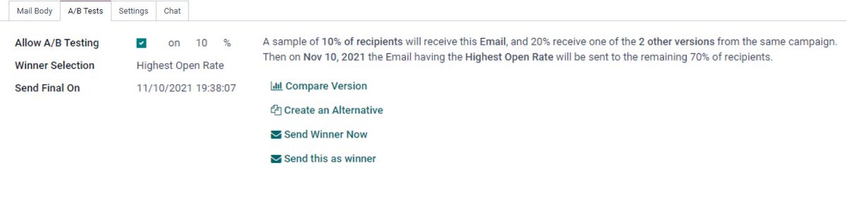 LNAodoo's tweet image. A/B Test. Start with a basic mailing version,
Then create copies with some content variation.
Simply define the rule based on a criterion.

Afterward, based on the recipients&apos; reaction,
#odoo will proceed for you to the selection,
and send the best mailing,enjoy your vacation!