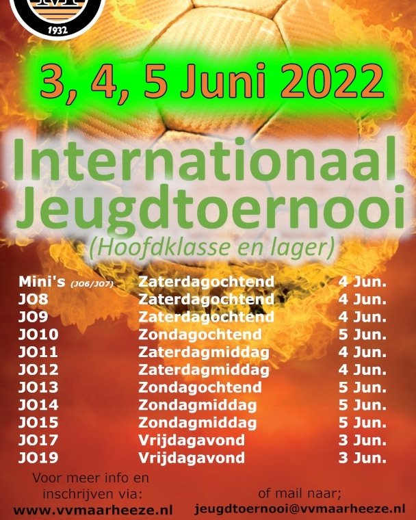 VVMaarheeze's tweet photo. ⚽ 𝗜𝗻𝘁𝗲𝗿𝗻𝗮𝘁𝗶𝗼𝗻𝗮𝗮𝗹 𝗝𝗲𝘂𝗴𝗱𝘁𝗼𝗲𝗿𝗻𝗼𝗼𝗶 ⚽

v.v. Maarheeze organiseert komend jaar wederom haar Internationaal Jeugdtoernooi.
Dit zal plaats vinden op 𝟯, 𝟰, 𝟱 𝗝𝘂𝗻𝗶 𝟮𝟬𝟮𝟮.

Inschrijven kan gemakkelijk via:
https://t.co/83I7NiKF41

#toernooi #maarheeze https://t.co/NfEGfZWNBu