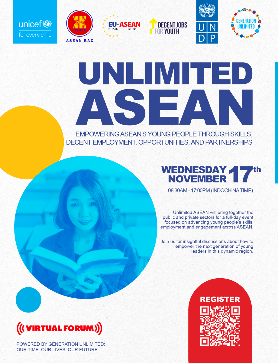 EU_AseanBC's tweet photo. The 1st #UnlimitedASEAN Forum is on 17 Nov &amp; we’re excited! A full day event focused on advancing young people’s skills, employment &amp; entrepreneurship. Join insightful discussions about how to empower the next generation of young leaders in the region
https://t.co/rh1Y4u96CE https://t.co/ZixkkcpUKd
