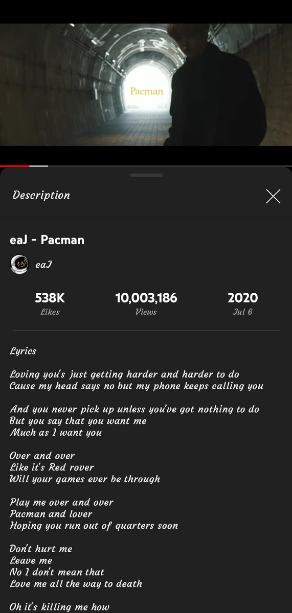 haechanyeoja's tweet photo. HAPPY 10M VIEWS EAJ - PACMAN🥳🥳🥳
@eaJPark #eaJ #JAE
#Pacman_10M_GOAL
#eaJ_빌보드만_남았다
#Always_support_eaJ https://t.co/Ev7YLqIhST