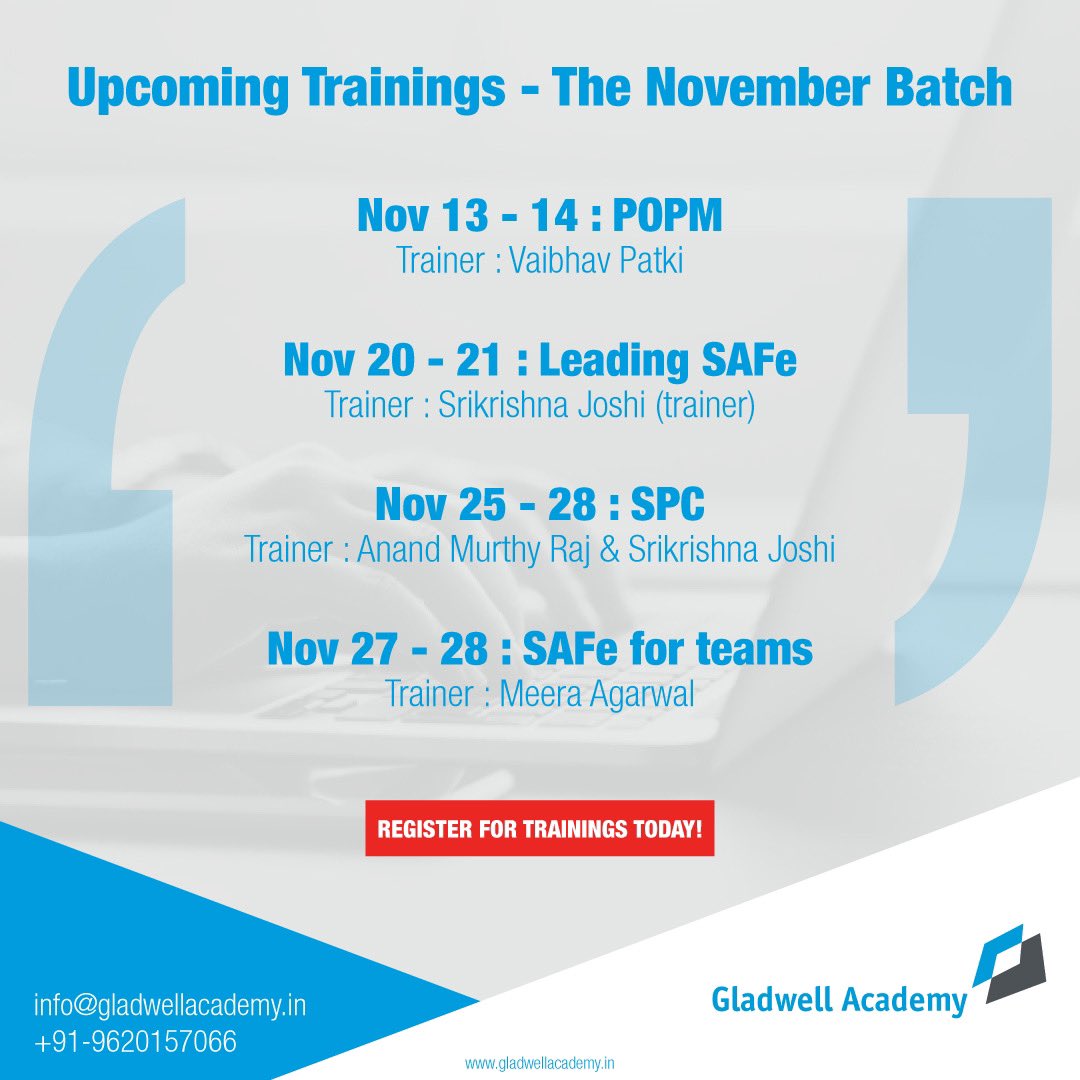 🤝Welcoming November with new trainings! Here is our calendar for this month. Which training would you participate in?

Connect with us to reserve your seats today! Contact Anoop at +91 -9620-157-066 or send us an email at
anoop.upadhyaya@gladwellacademy.in

#agiletraining #event