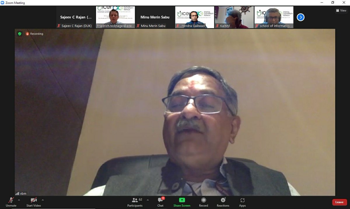 Day 1 of #ICEI2020+1 successfully completed! <a href="/dukerala/">Digital University Kerala</a> hosts 11th International Conference on Ecological Informatics
09 Nov 2021
1st Plenary Address by
Dr. V B Mathur,
Chairman
National Biodiversity Authority, India.
<a href="/moefcc/">MoEF&CC</a> <a href="/IPBES/">ipbes</a>