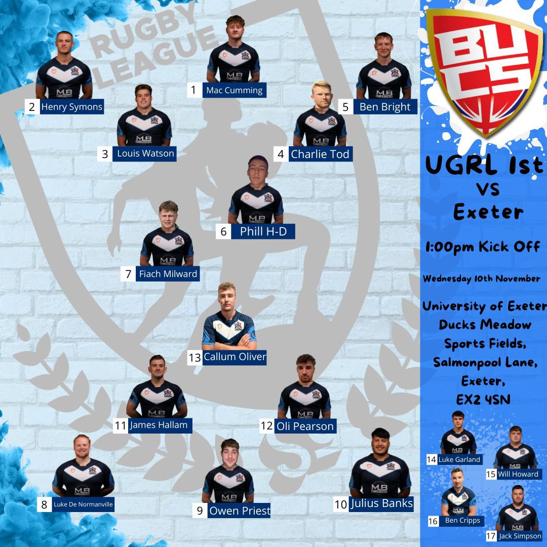 UoG_RL's tweet photo. Here it is, the 17 that travel to @ExeterUniRL , looking to return with a big W this afternoon.
Big hand to Luke Garland and Ben Bright who make their 1’s debut today 👏🏼👏🏼
University of Gloucestershire Students' Union
#uog #uogsu #southwestrugbyleague #bucs #bucssport #bucsRL https://t.co/QEJH5WjZUr