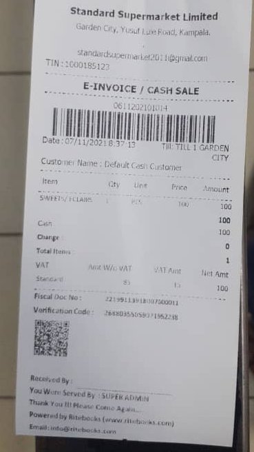 URAuganda's tweet photo. Appreciation tweet for  Standard Supermarket Limited - Garden City. 

They 've switched onto EFRIS and are now issuing fiscalised e-receipts to their customers. 

When you go shopping there, be sure to demand for your e-receipt. 
#MpaEreceiptYange 
#KakasaNgaKapo https://t.co/KKu6zpoqEQ