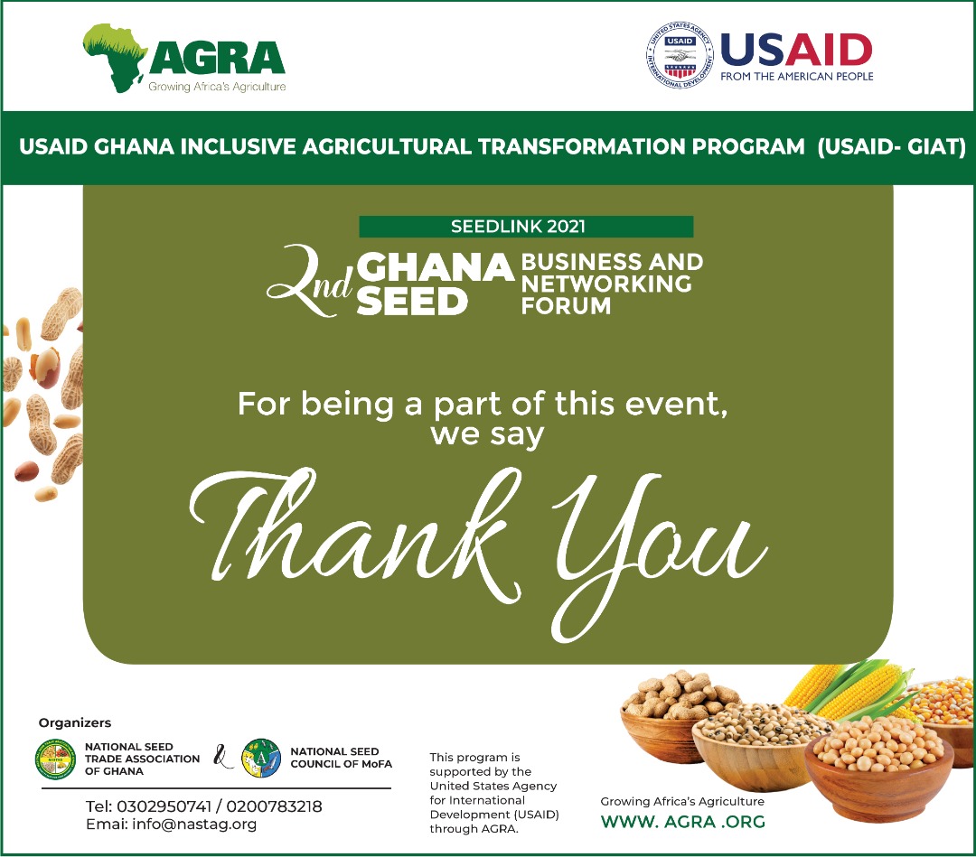 AGRA_Africa's tweet photo. THANK YOU!
The 2nd #Ghana Seed Business & Networking Forum #Seedlink2021 was a great success.
We thank you for attending. #SeedLink https://t.co/KOttkvkWjI