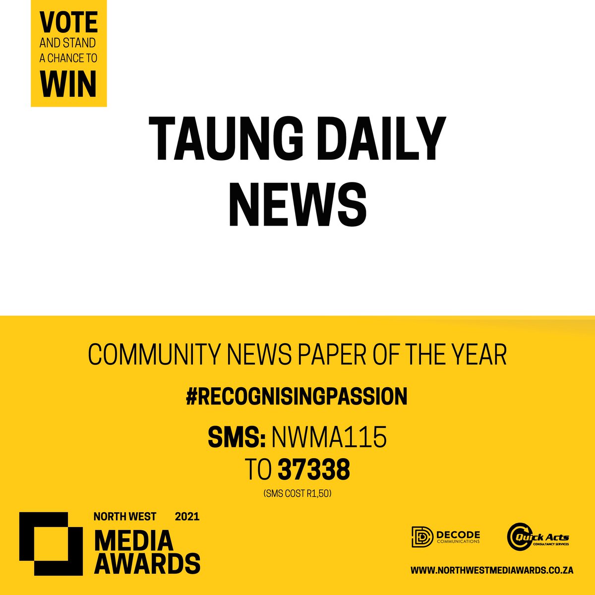 Community media play an important role in communities. Vote for your favourite community newspaper in the North West Province! 

Vote and stand to win R5 000 cash!

Voting closes on 30 November 2021.
_

#RecognisingPassion | #NWMediaAwards2021 | #SouthAfrica | #Media