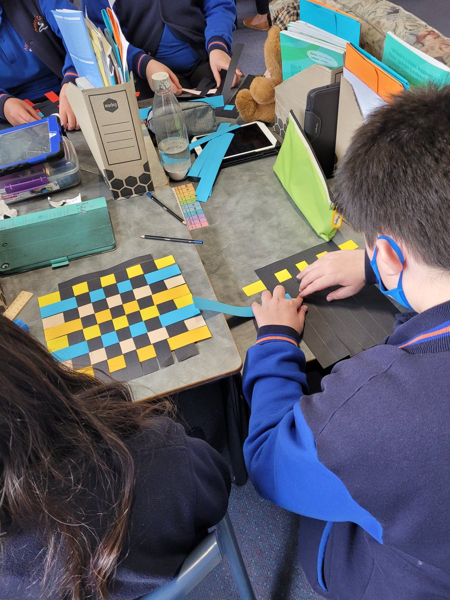 MissKeath's tweet photo. Creating paper weaves in maths. We represented the colours in our paper weave in fraction, decimal and percentage form.A fun hands on learning activity for them to apply skills of the 4 operations and see the connection between fractions, decimals and percentages! @AitkenCreekPS https://t.co/5ZhirbvwOK