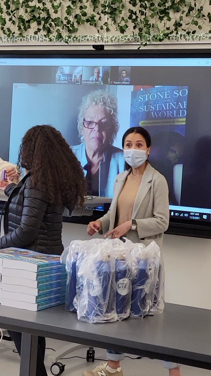 Ms. Bradley and her CTE Environmental Technology Class host Marianne Larned Author of the Award winning book "Stone Stone Soup for a Sustainable World: Life-Changing Stories of Young Heroes" 
Durfee CTE students learning from and with other students from all over the globe.