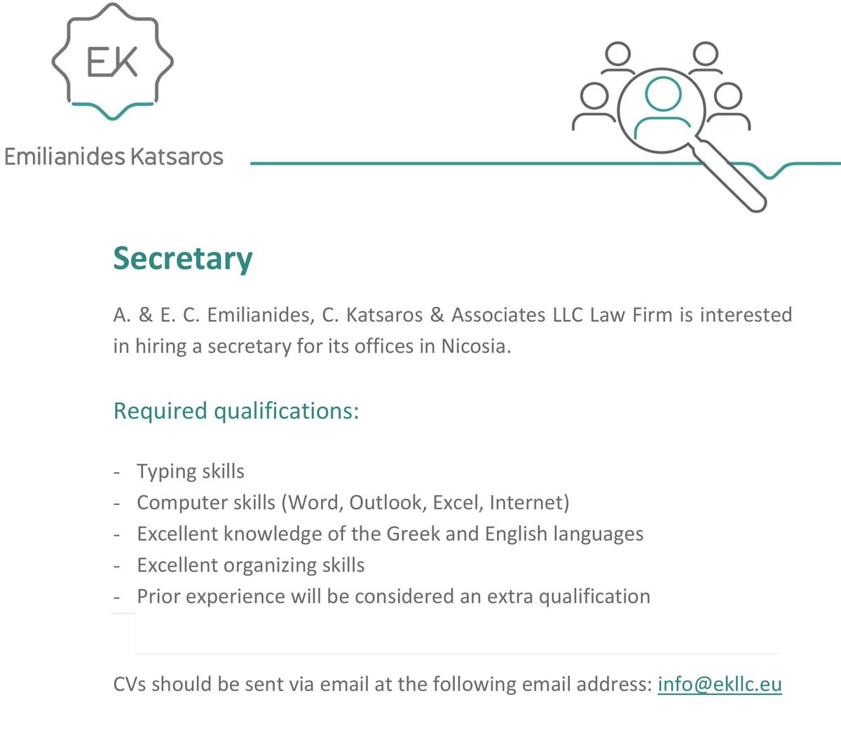 EKLLC_'s tweet photo. A. &amp; E. C. Emilianides, C. Katsaros &amp; Associates LLC Law Firm is interested in hiring a secretary for its offices in Nicosia. https://t.co/CGPMiFEjDo
#EKLLC #Job #Opportunity #Careers #Secretary https://t.co/mwFYxv6v8Z