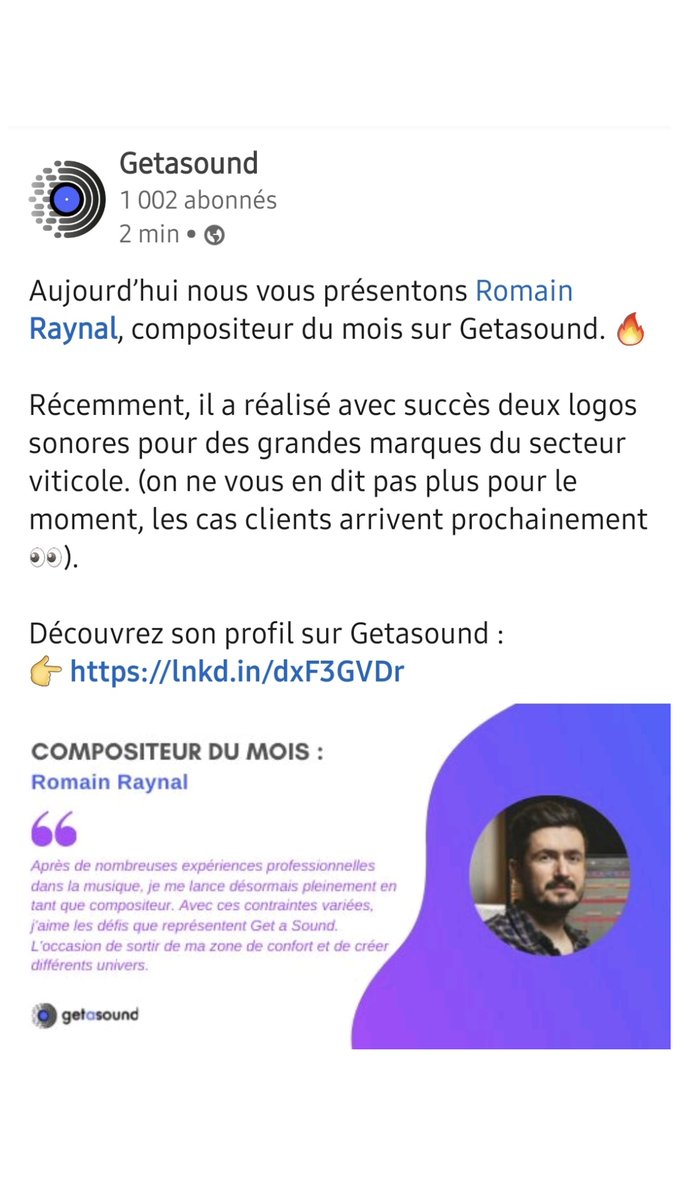 RRaynalcomposer's tweet photo. Je suis très fier d'être à l'honneur en tant que compositeur sur le site @HelloGetasound 😊
Un joli coup de projecteur qui fait chaud au cœur. 🎶🤗 https://t.co/TauRHSMGj2