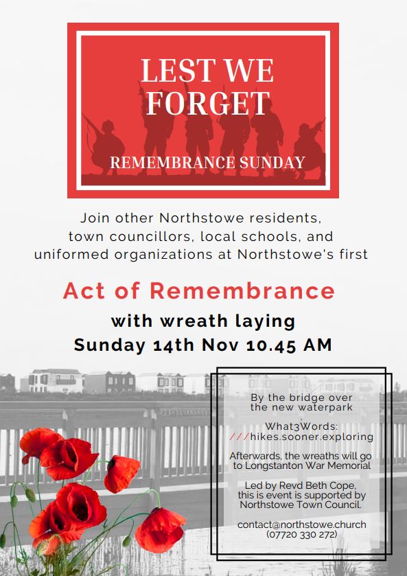 Remembrance Sunday 14th Nov - 10:45 start. All welcome #Northstowe <a href="/NorthstoweC/">Northstowe Church Network (Pathfinder Church...)</a> <a href="/PathfinderPri/">Pathfinder Primary</a> <a href="/NorthstoweMayor/">Cllr Richard Owen</a> <a href="/NorthstoweSC/">Northstowe Secondary College</a> <a href="/NorthstoweNews/">Northstowe</a> <a href="/NorthstoweTC/">Northstowe Town Council</a>