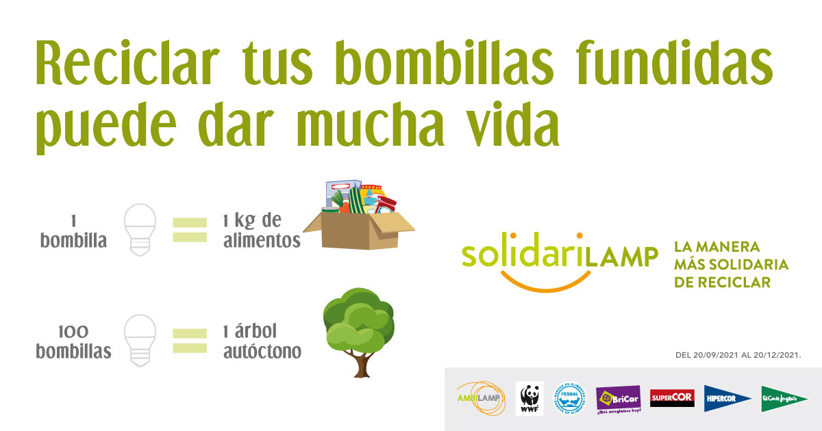 ambilamp's tweet photo. Hasta el 20 de diciembre puedes colaborar con #Solidarilamp, la acción que realizamos junto a @elcorteingles donde tus 💡 #bombillas fundidas se transformarán en 🍞 kilos de alimentos para @fesbal_org y 🌳 árboles autóctonos que plantaremos junto a @WWFespana https://t.co/doA9tzHgjL