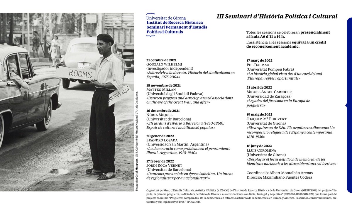 Seguim amb el III Seminari d'Història Política i Cultural amb la 2ª sessió a càrrec del Dr. @MatteoMillan (<a href="/UniPadova/">Università di Padova</a>). Tindrà lloc el dijous 18 de novembre a la <a href="/UdGLletres/">Facultat de Lletres UdG</a>, a l'aula A6, d'11 a 14h. Us hi esperem!