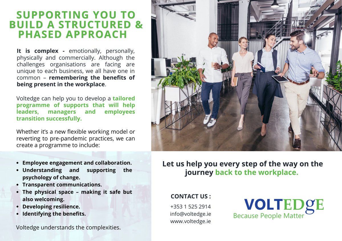 VoltedgeHR's tweet photo. Our experts at Voltedge Management can support you to build a structured and phased approach to transition back to a flexible #workplace. Please contact us at info@voltedge.ie or https://t.co/tRfnOs4t1B. #returntowork #returning #hybridwork #flexiblework #hr #managingpeople https://t.co/9CFCU9D0Uu