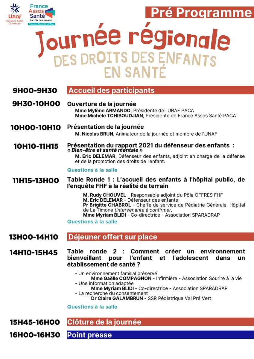 L'URAF PACA et France Assos Santé organisent le 30/11 à Marseille une journée "Droits en santé des enfants".
 M. DELEMAR, Défenseur des droits des enfants, viendra présenter son rapport 2021 "Santé mentale des enfants: le droit au bien-être".  
 Insc: uraf-paca.fr/nos-evenements