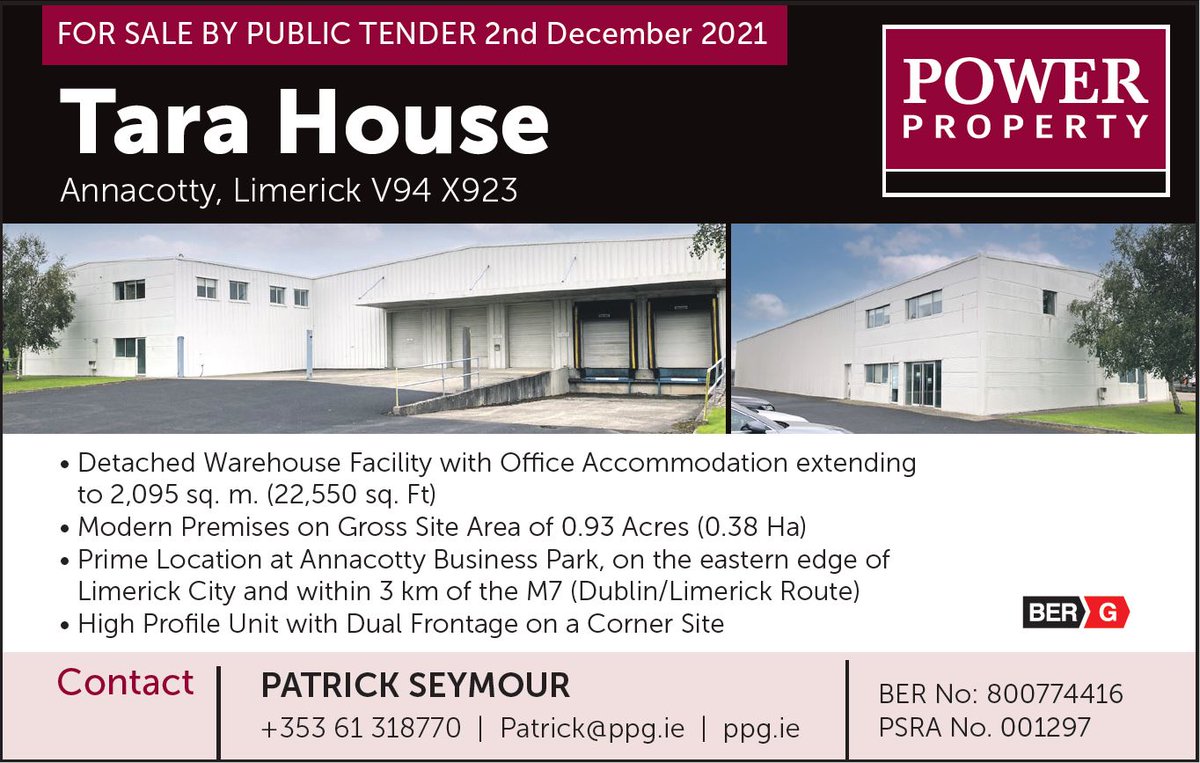 Power_Property_'s tweet photo. Tara House #Annacotty #Limerick for #sale by Public #Tender 2nd #December 2021. Guide Price €1.2m. Contact Patrick Seymour for further information 061318770 
#tarahouse #property #commercial # warehouse #office https://t.co/vXxXdtLrgx