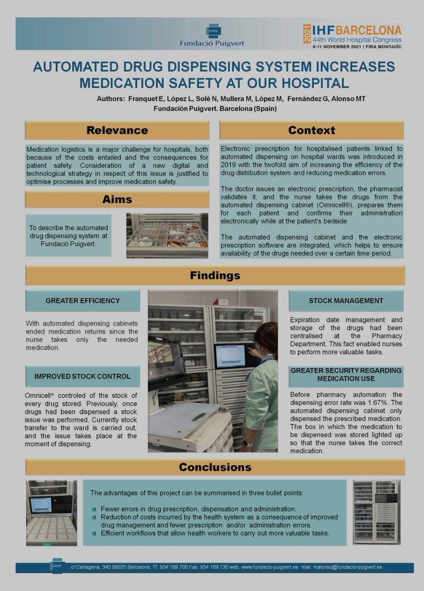 FPuigvert's tweet photo. 2/3 Las enfermeras @efb1636, @mtalonsoto, Maite López, Gemma Fernández y las farmacéuticas @rakelopez @MartaMullera @nuriasole86 han presentado el póster 'Automated drug dispensing system increases medication safety at our hospital' en el #IHFBarcelona. https://t.co/Cj5kQ4vLPH