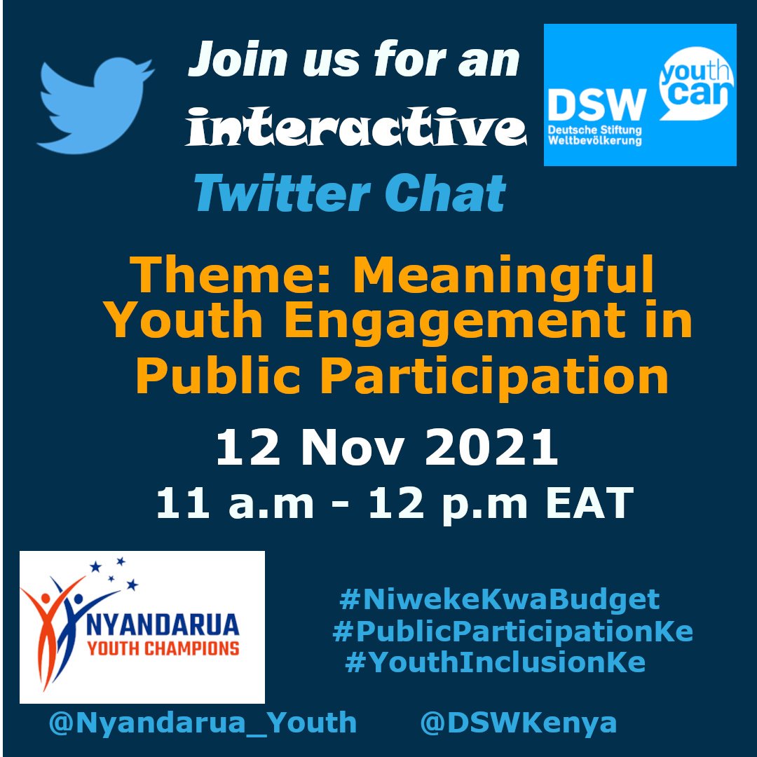 Join us on Friday 12 Nov from 11 am to 12 pm EAT for an interactive discussion championing for #MeaningfulYouthEngagement  in #PublicParticipation. @DSWKenya <a href="/NCPD_Kenya/">NCPD</a> <a href="/wanguigithegi/">wanguigithegi</a> <a href="/ogonymusa/">ogonymusa</a> <a href="/ItsChris_Kuria/">Christopher Kuria</a> <a href="/karugakevin/">KARUGA</a> <a href="/raccemaurice/">||•Alkebulan•|| 🇰🇪</a> 
#NiwekeKwaBudget #PublicParticipationKe