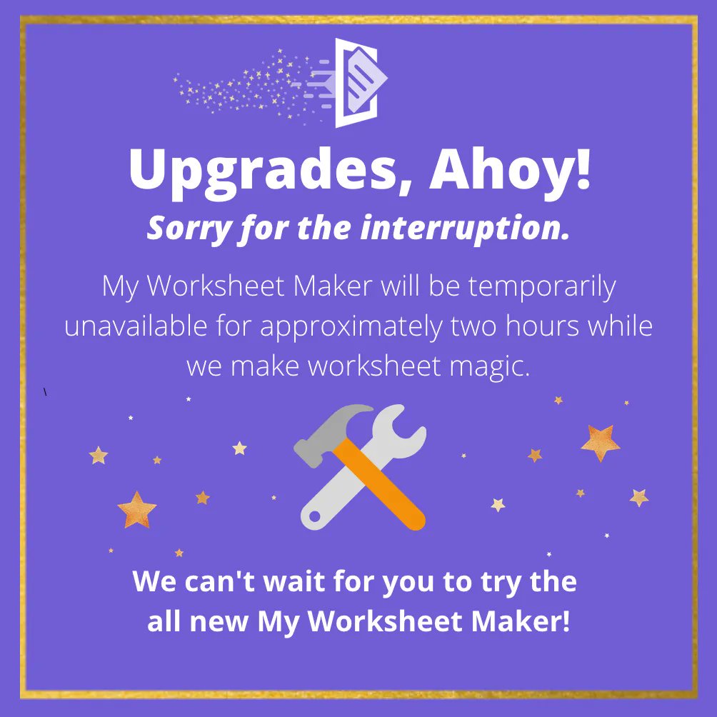 WorksheetMaker's tweet image. ✏️Planned Upgrade Tomorrow, Nov 10: 4:30 AM CST
! The site will be down for ~2 hours. If you need worksheets this, please download them before the upgrade. We're excited for you to check out our innovative features once we're done! 🙌📗  Learn more: buff.ly/30fZgjx