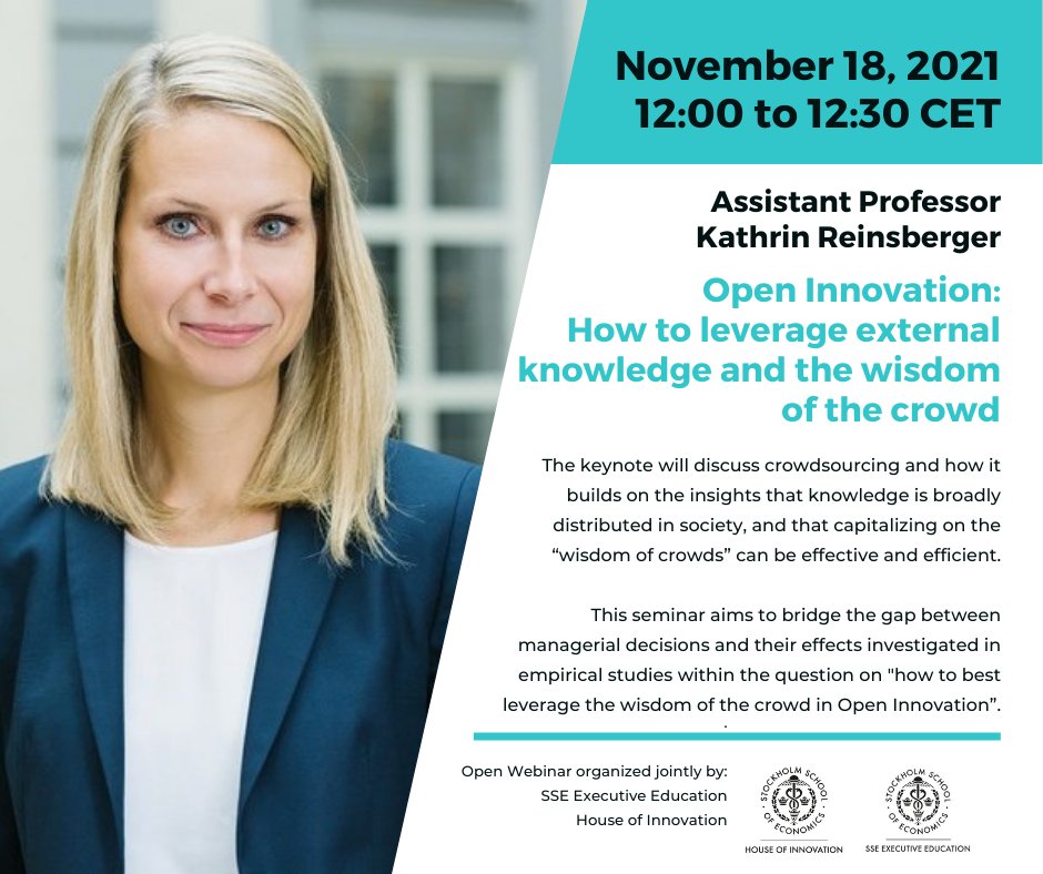 hoi_sse's tweet photo. Register now for our upcoming webinar on Nov 18 with Assistant Professor Kathrin Reinsberger - "Open Innovation: How to leverage external knowledge and the wisdom of the crowd". REGISTER here: https://t.co/VWtCWTTxhV

#Education #Webinar #Seminar #HOI #SSE https://t.co/0syLu6nczj