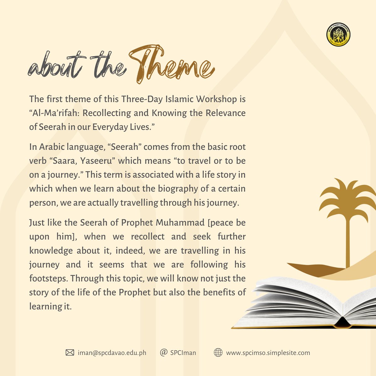 SPCIman's tweet photo. Bismillah.

We know that everyone is eager to learn more about the topic, but let us explain our motivation for organizing this event. Check this out to learn more about Al-Ma'rifah and the Relevance of Seerah!

#Al-Ma'rifah
#FollowingFootsteps
#IMSO2122
#FidDunyaWalAkhirah🤲🏼 https://t.co/tzaV7otsAr