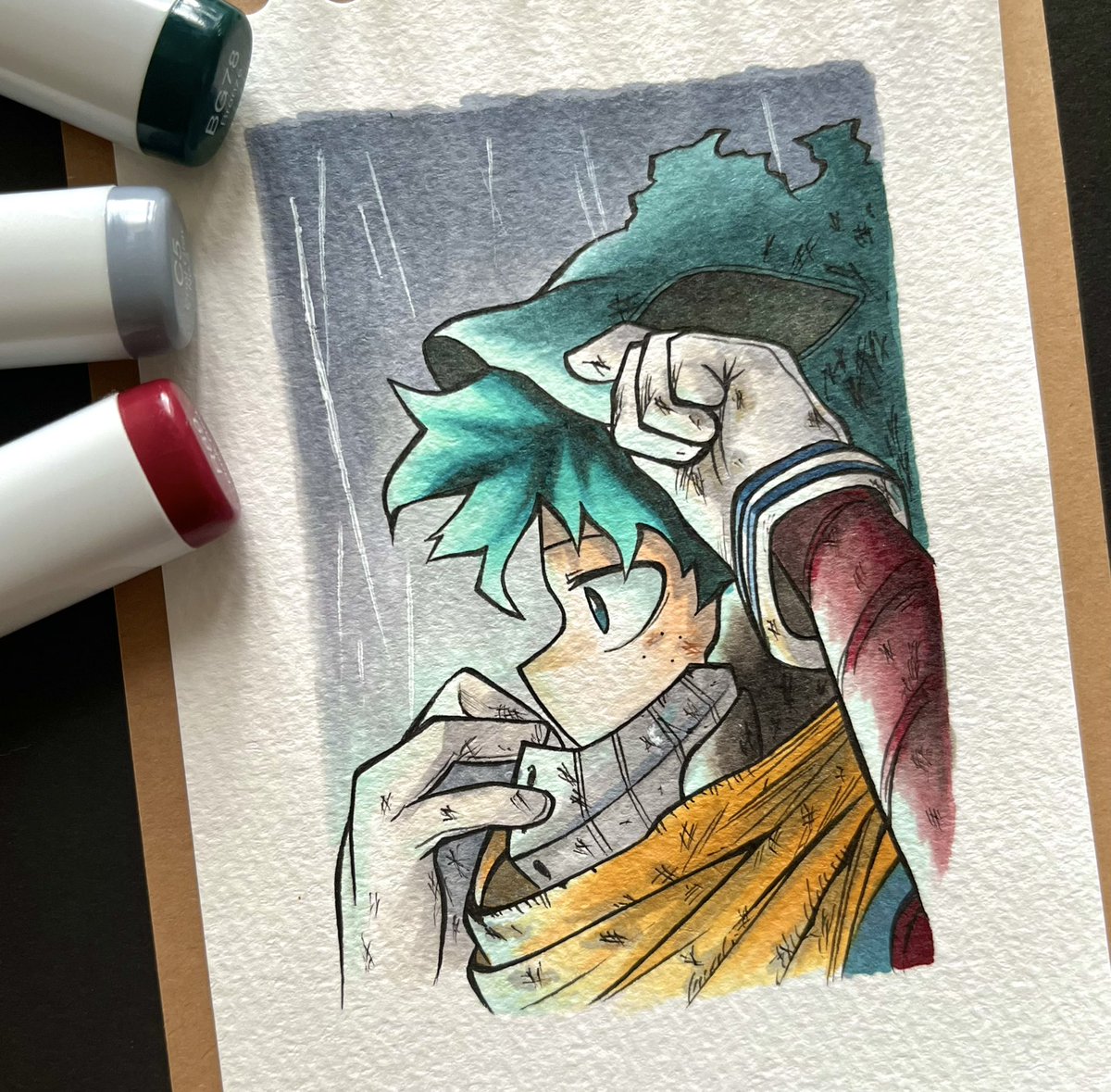 midoriya izuku male focus gloves white gloves traditional media multiple boys green hair rain  illustration images