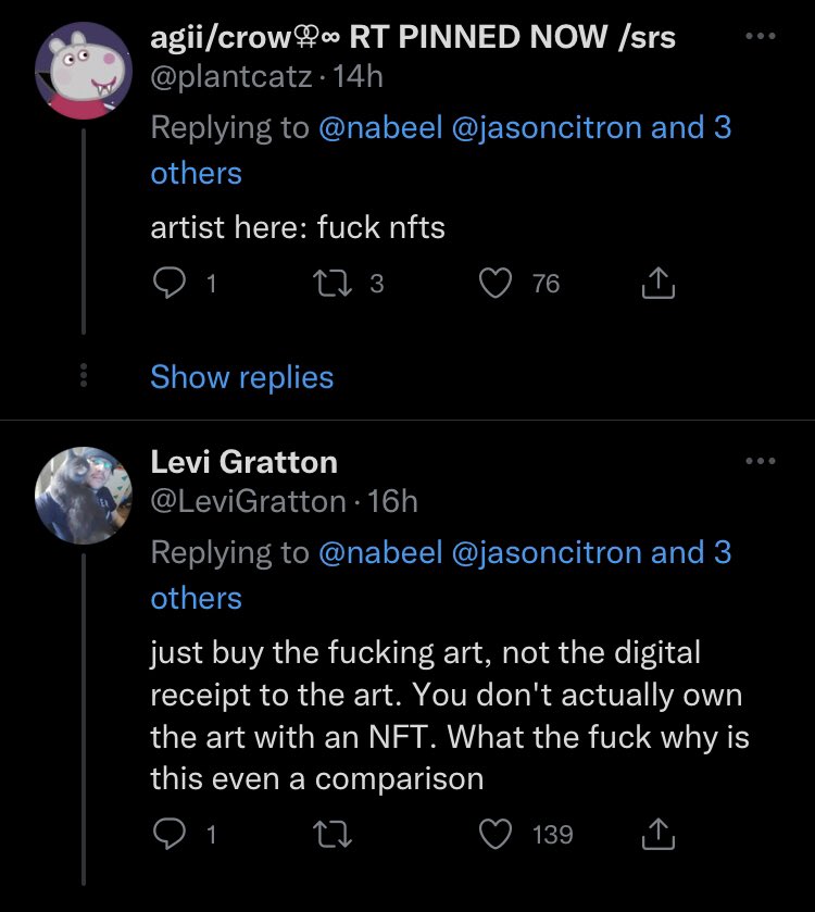 CoinersTakingLs's tweet image. Discord’s CEO got thousands of comments about concerns over his NFT decision. 

Instead of responding to anything critical he liked this one horrible take and logged off.