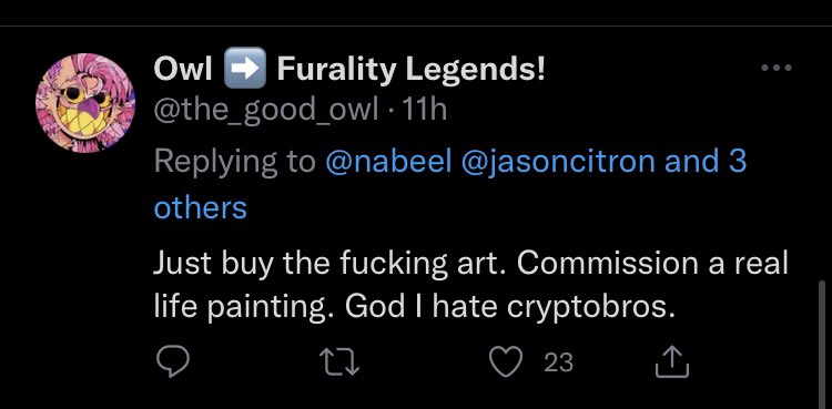 CoinersTakingLs's tweet image. Discord’s CEO got thousands of comments about concerns over his NFT decision. 

Instead of responding to anything critical he liked this one horrible take and logged off.