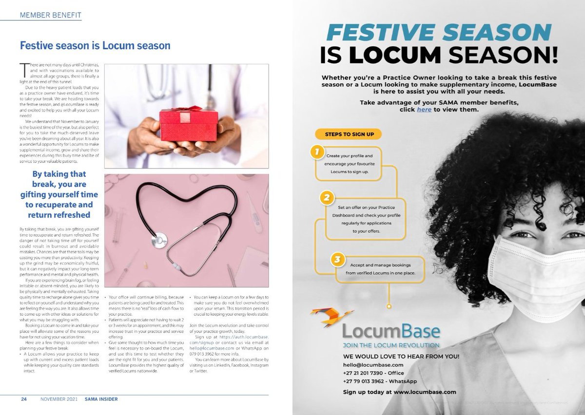 LocumfinDR's tweet photo. Festive Season is Locum Season! 🎉

Check us out on pages 24 &amp; 25 in the November Edition of the @SAMedicalAssoc Insider to learn more👏
https://t.co/64nuz48WL4

#healthtech #locumrevolution #locumseason https://t.co/woLZt9c97h