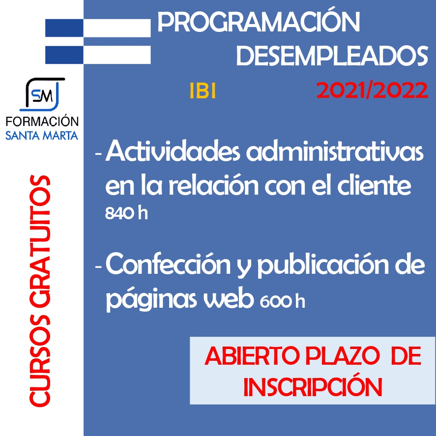 FormacionSantaM's tweet photo. CURSOS GRATUITOS DIRIGIDOS A DESEMPLEADOS - IBI
Se abre el plazo de inscripción.
https://t.co/rekLfLHrdQ
Ibi: 
Avd. Juan Carlos I, 63, entresuelo
96 655 26 48 - 629 566 228 (tenemos WhatsApp y Telegram)
ibi@formacionsantamarta.com
¡¡TE ESPERAMOS!! https://t.co/GBFYrjHJKZ