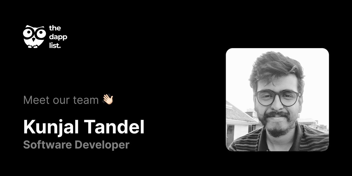 Meet <a href="/Kunjal_Tandel/">Kunjal Tandel</a> 👋🏻

Software Developer at The Dapp List. Previously at <a href="/MobiiworldT/">Mobiiworld Tech</a>, with experience of 4.5+ years working on different projects.

Newfound interest - Decentralized tech / Blockchain 🔗
