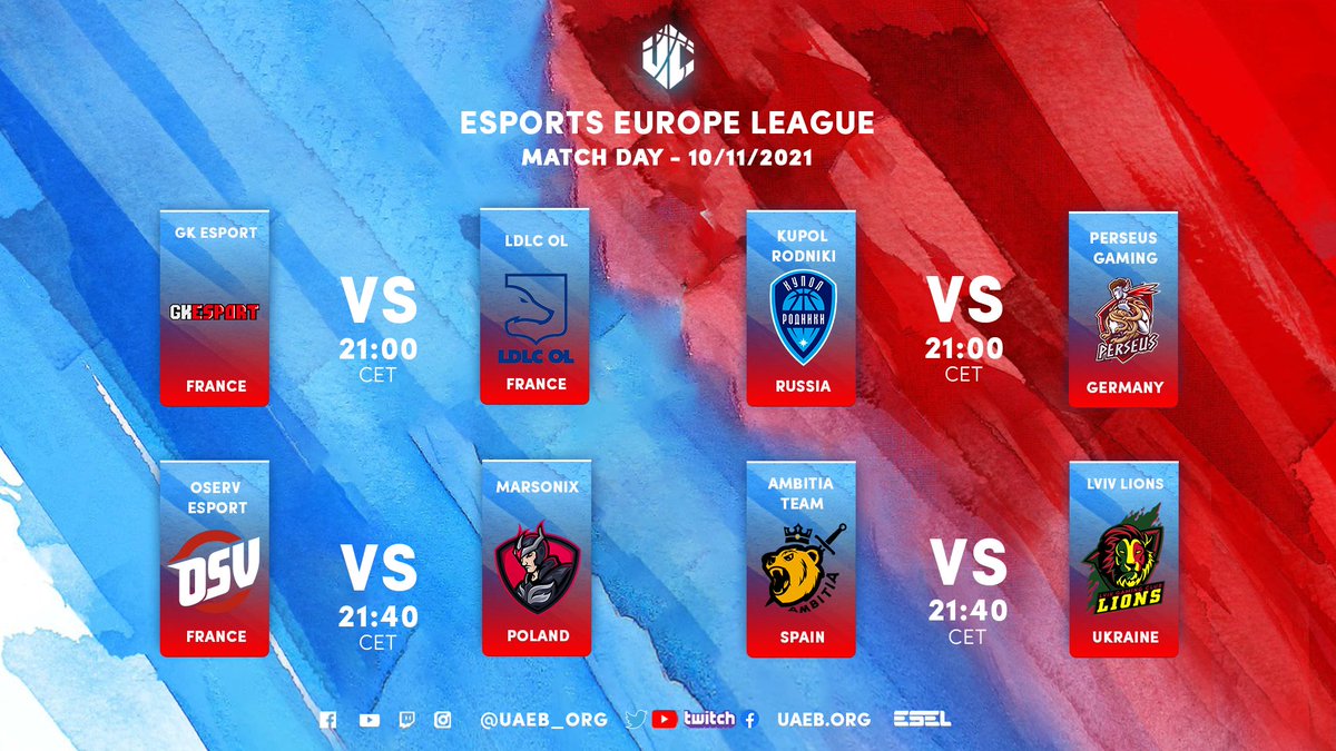 uaeb_org's tweet photo. Matchday - 10.11.2021🔥 Time CET

Game 1 - @GK_Esport vs @LDLC_OL (21:00)
Game 2 - @Kupol_eSports vs @_PerseusGaming (21:00)
Game 3 - @OservEsport vs @MarsonixG (21:40)
Game 4 - @Ambitia vs Lviv Lions (21:40)

Twitch 1 - https://t.co/sZikeR3OmS
Twitch 2 - https://t.co/MNlZ6I2b4I https://t.co/1cQoX1Kv8Y