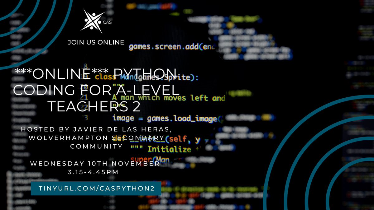 Book your free place: tinyurl.com/caspython2

This pm, join <a href="/javierheras67/">Javier de las Heras</a> with special guest Graham Bridge latest workshop looking into Python coding for A-Level teachers.

Top tips + plenty of practical activities.

Book free place tinyurl.com/caspython2 

<a href="/khalsa_academy/">The Khalsa Academy Wolverhampton</a>