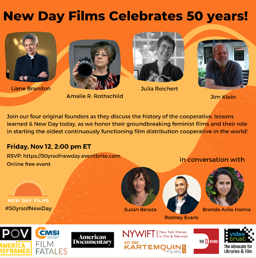 newdayfilms's tweet photo. This Friday #NewDayFilms celebrates 50 yrs! Join the 4 original founders Liane Brandon, Jim Klein, Julia Reichert &amp; Amalie Rothschild, in conversation w/ members Brenda Avila-Hanna, Suzan Beraza &amp; Rodney Evans. 11/12 @ 2PM ET, RSVP https://t.co/cWthN2jAgy  ASL/CART provided https://t.co/Xvsl8ToOhf