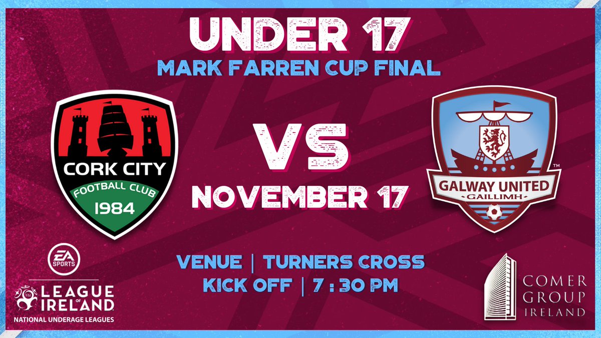 🗣️ U17's are in the Mark Farren Cup Final next Wednesday!!

🏆 <a href="/CorkCityFC/">Cork City FC</a> U17's vs GUFC U17's
🏟️ Turners Cross, Cork
⏰ KO 7:30pm, Wednesday 17th November

🤝 Thank you to <a href="/theflowing_tide/">The Flowing Tide</a> for sponsoring our U17 kitbags for the season!

#ItsATribalThing