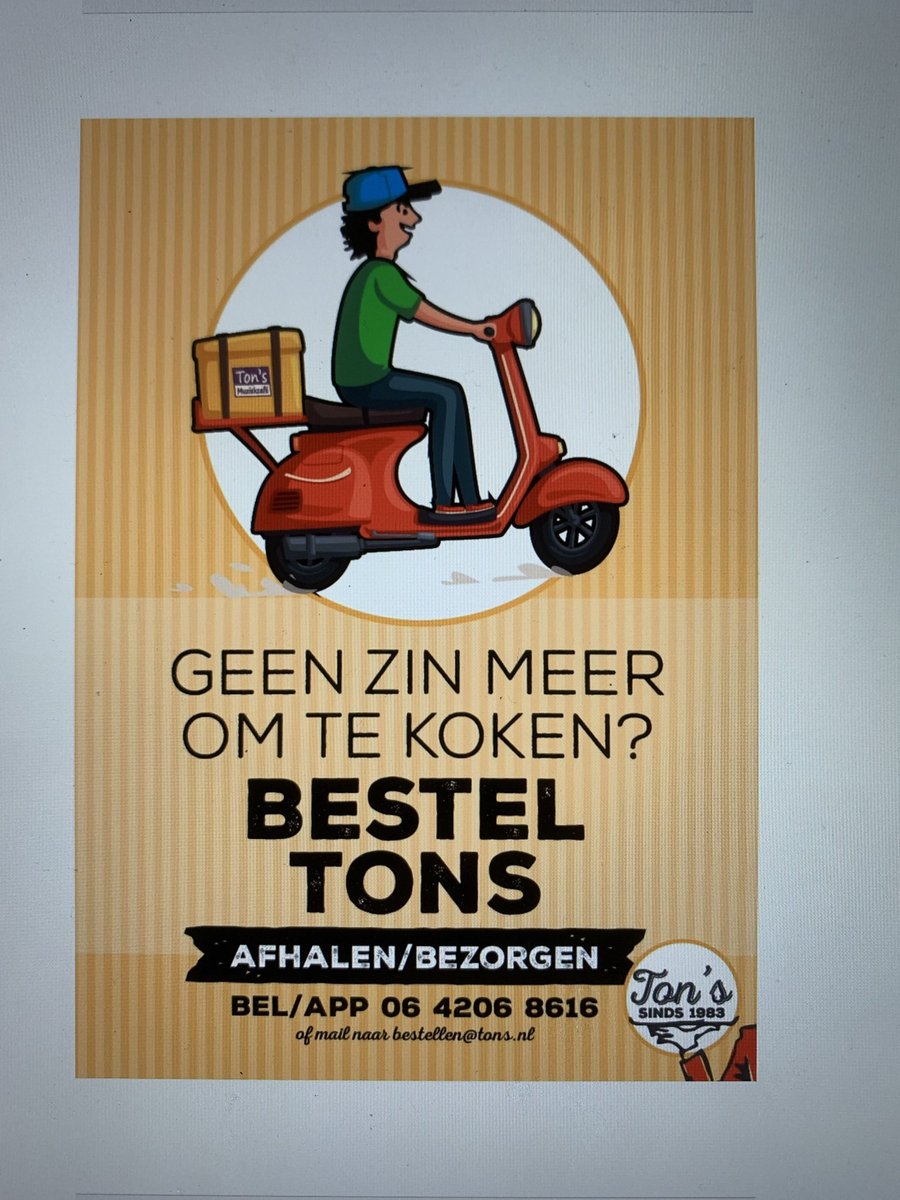 Geen zin om te koken? Kom gezellig langs of laat thuis bezorgen 🛵 Check tons.nl of bel 0703903508 
Fijne avond 🥳🥂🍽
