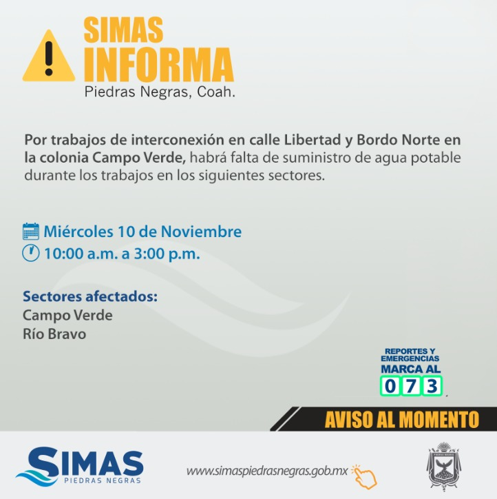 simaspn's tweet photo. #SIMASINFORMA
Por trabajos de interconexión en calle Libertad y Bordo Norte en la colonia Campo Verde, habrá falta de suministro de agua potable durante los trabajos en los siguientes sectores. ⚠🚧🚧
#EstamosTrabajando https://t.co/K5zGJACpSt