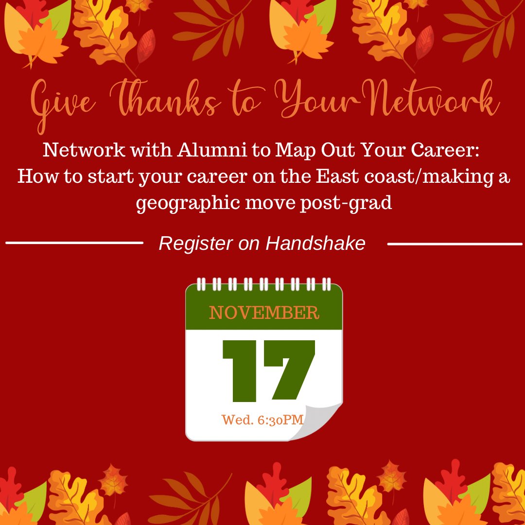 Networking in November continues on next Wednesday with LinkedIn headshots and the “Network with Alumni to Map Out Your Career” employer panel! Head to Handshake to register/ find out all the details!