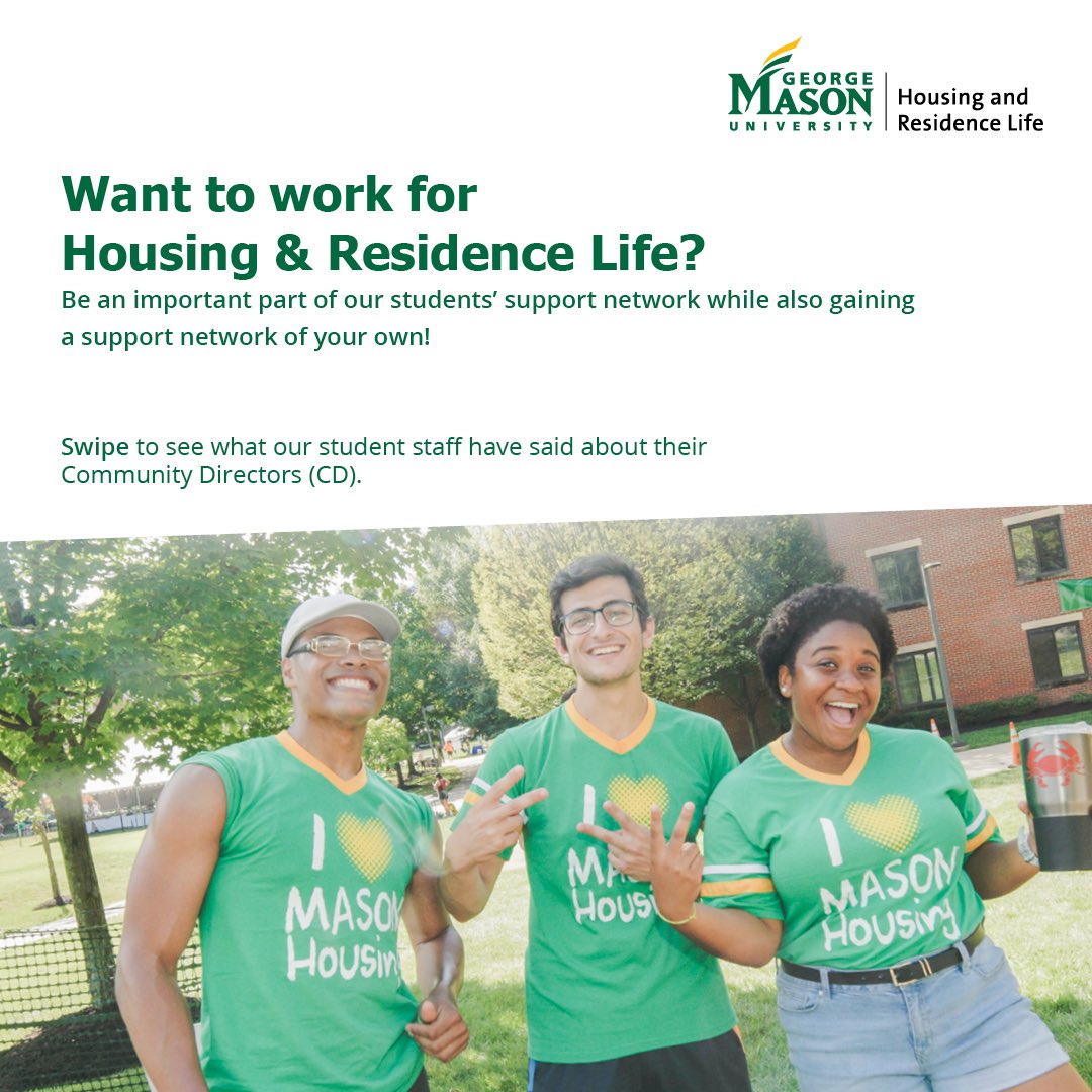 MasonHousing's tweet photo. ✔️ As you may know, the HRL student staff application is open and available at 👉 https://t.co/LgmYIOEBEt 

🏡 See what our students have said about their positive experiences working for HRL! https://t.co/1ooMqcEl3V
