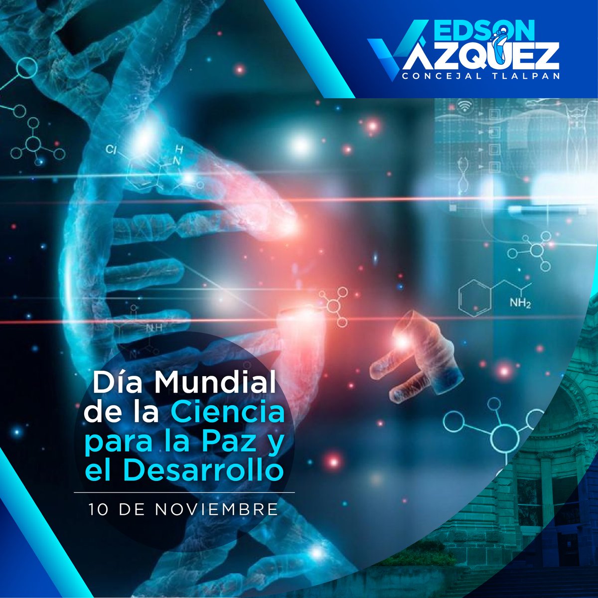 EdsonVARE's tweet photo. En el marco de la celebración del “Día Mundial de la Ciencia para La Paz y el Desarrollo” 🧬🔬 hacemos hincapié en el uso responsable de la ciencia para el beneficio de las sociedades, en particular, para la erradicación de la pobreza. 👨👩👧
#EdsonConcejal #ExperienciaYJuventud https://t.co/yAgxYd3oDL