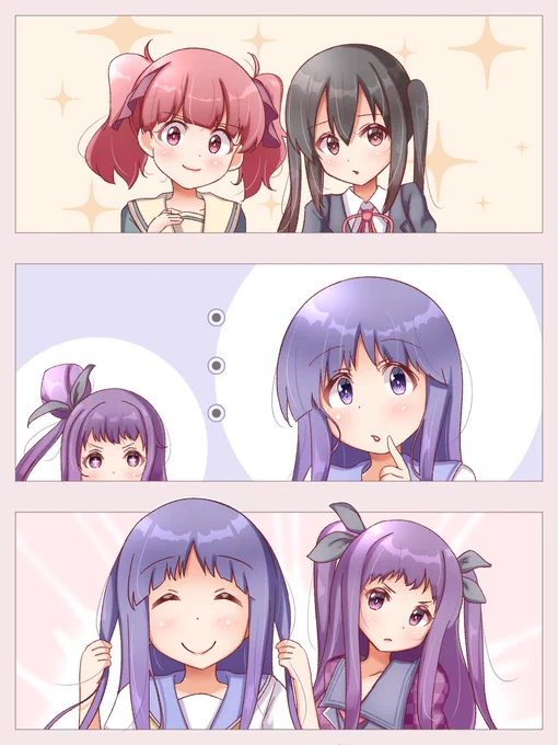 本日11月11日はあずにゃん&amp;はなわさん&amp;縁ちゃん&amp;チコの誕生日ということで3コマ漫画風イラスト描きました🎉
きららツインテール4人衆✨
#中野梓生誕祭2021 #けいおん
#牛久花和生誕祭2021 #アニマエール 
#日向縁生誕祭2021 #ゆゆ式
#関野チコ生誕祭2021 #おちフル 