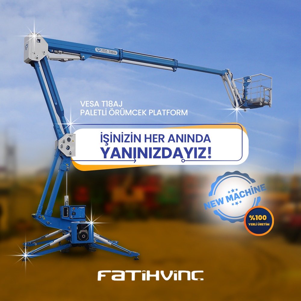 Türkiye’nin ilk ‘’yerli’’ örümcek platformu VESA T18AJ, personel yükseltici platform sektörünün güçlü markası Fatih Vinç ayrıcalığı ile kiralanmaya başladı. 

VESA T18AJ; 
Maksimum Çalışma Yüksekliği - 18.0 m,
Sepet Yük Kapasitesi - 250 kg,
++