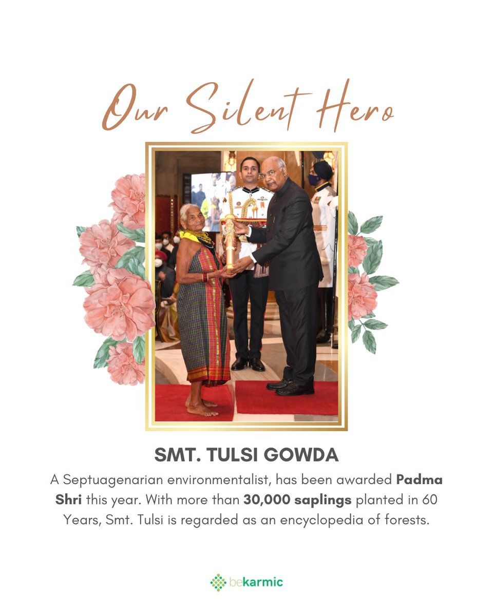 bekarmic's tweet photo. Smt Tulsi Gowda an environmentalist, has been awarded Padma Shri this year for her incredible contribution to the protection of environment by President Shri Ram Nath Kovind at @rashtrapatibhvn 
 
#padmashri2021 #tulsigowda #environmentalist #prideofindia  #sustainableliving https://t.co/QRD1gxbhRT
