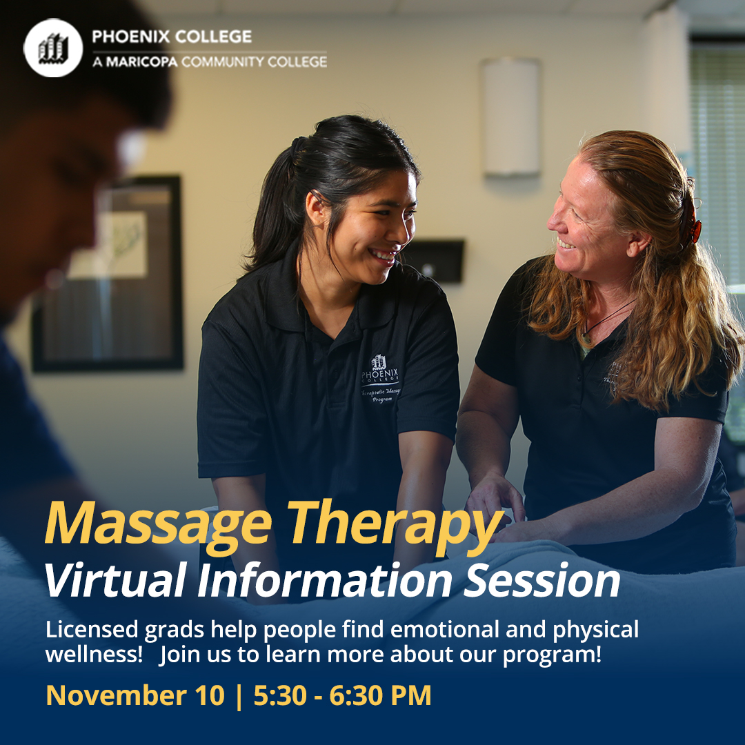 PhoenixCollege's tweet photo. Are you ready for a new take on life? Try #massagetherapy at PC and get your new career kick-started!
Enroll now and get your career started: https://t.co/6iTCI5AEa8
#massagetherapyprogram #phoenixmassages #phoenixmassagetherapy #massageprogram https://t.co/klkNHpAAAD