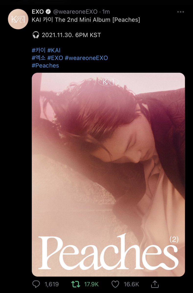 94KD93's tweet photo. FROM KAI 开 TO PEACHES LET'S GOO #KAI2ndSOLO https://t.co/S9Xz1rU4DZ